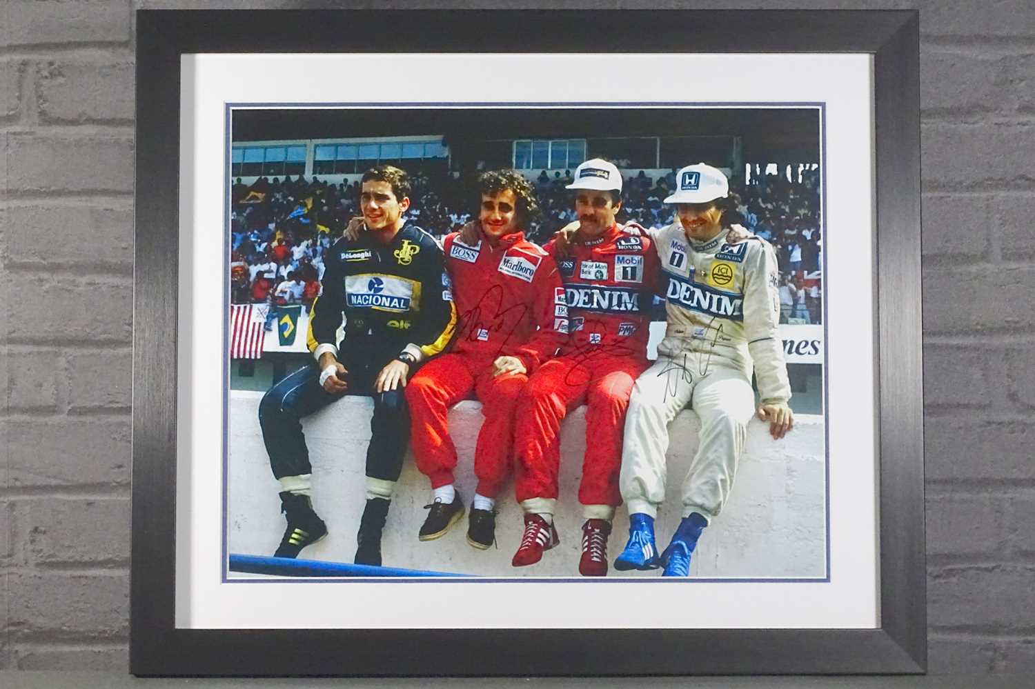 Lot 51 - Champions Wall framed print with authenticity signed by Prost, Mansell and Piquet